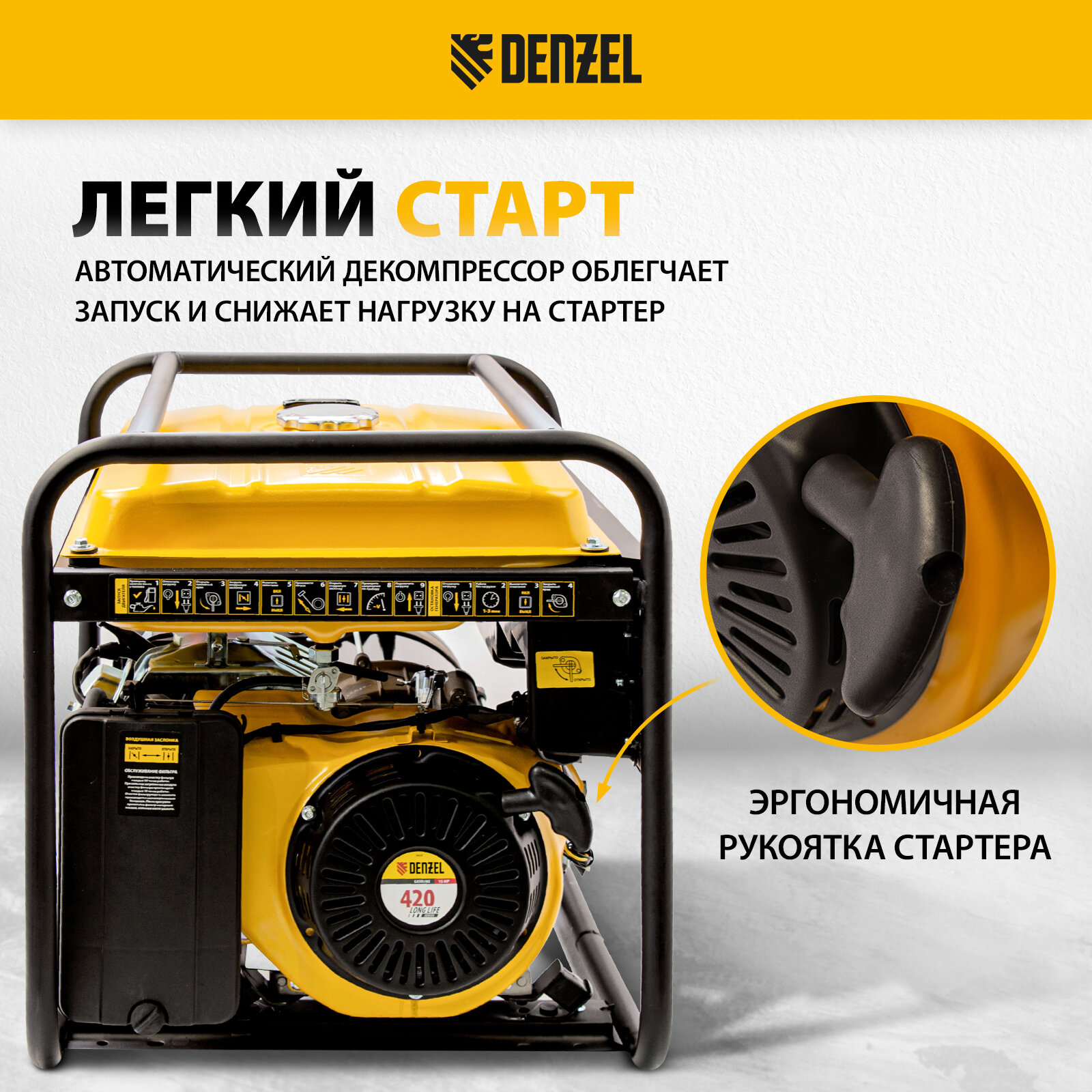 Генератор бензиновый GE 7900, 6.5 кВт, 220 В/50 Гц, 25 л, ручной пуск Denzel Denzel