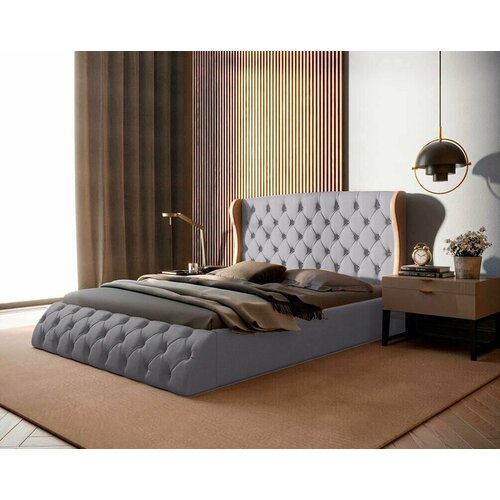 Двуспальная кровать 140x200, Lavr, с мягким изголовьем, с ящиком, велюр, серый