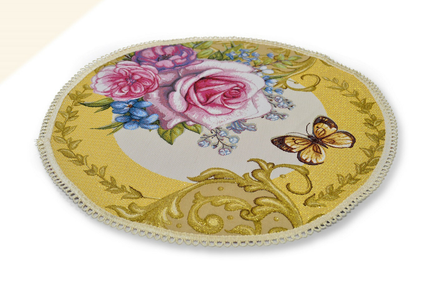 фото Салфетка гобеленовая круглая для сервировки стола "Вальс цветов бабочка"