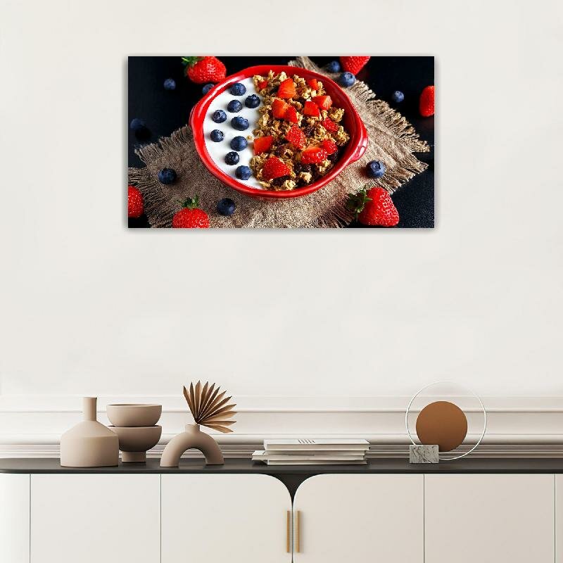 Картина на холсте 60x110 LinxOne "Завтрак клубника черника мюсли" интерьерная для дома / на стену / на кухню / с подрамником
