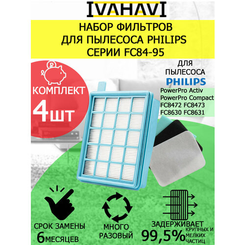 Набор фильтров 4 шт. IVAHAVI для пылесосов PHILLIPS серии FC84-95 комплект фильтров для пылесоса philips fc8470 8479 fc8630 8649 fc9320 9329 fc9520 9529