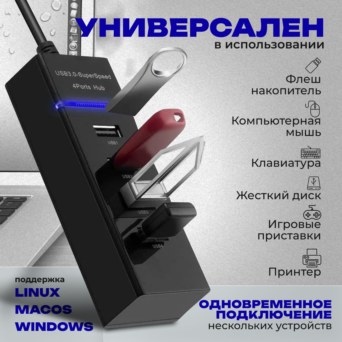 Разветвитель USB 3.0 на 4 порта, USB концентратор с проводом 30 см, универсальный хаб разветвитель, черный