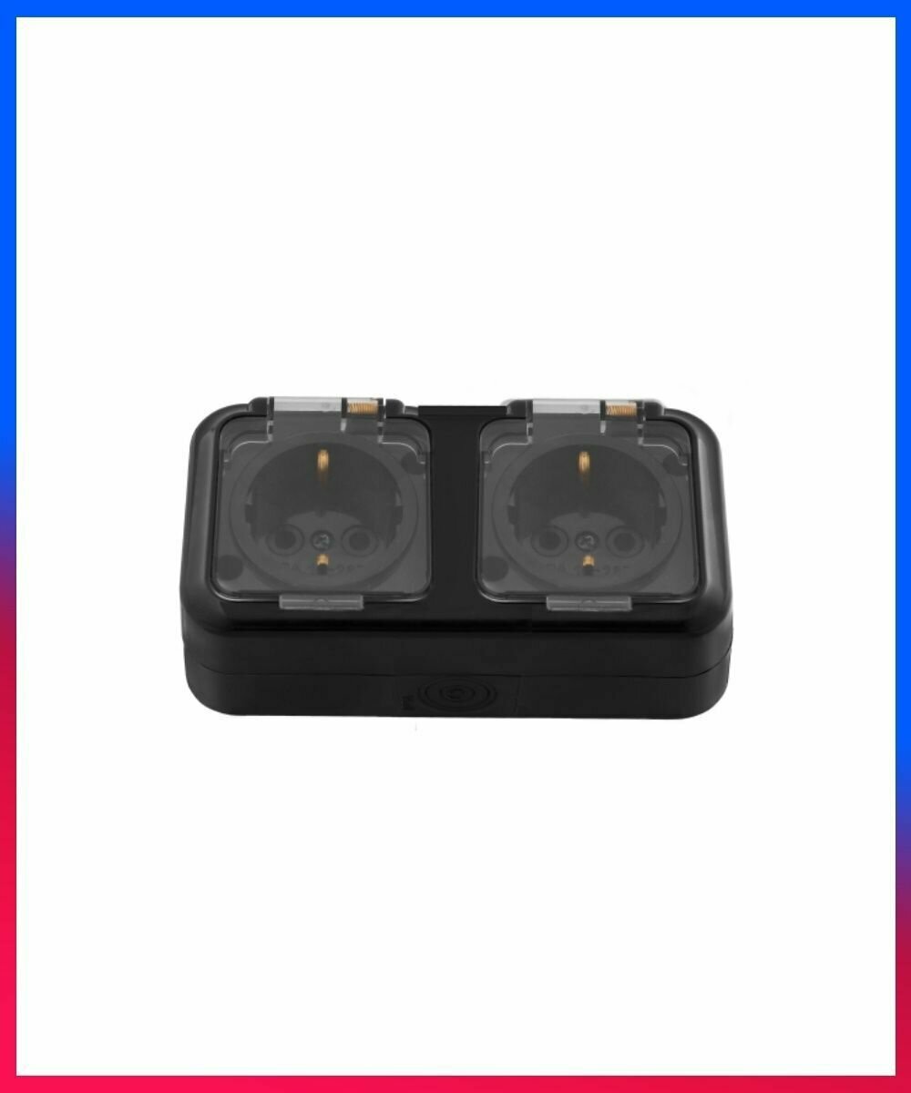 фото Розетка Наружная Двойная Без Заземления + Прозрачная Крышка Черный IP54 16А 250v Bylectrica