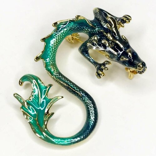 Брошь Изумрудный дракон1, эмаль, голубой, зеленый