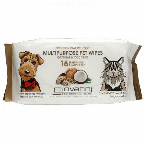 Giovanni, Professional Pet Care, Multipurpose Pet Wipes, Fragrance-Free, 75 Pre-Moistened Towelettes