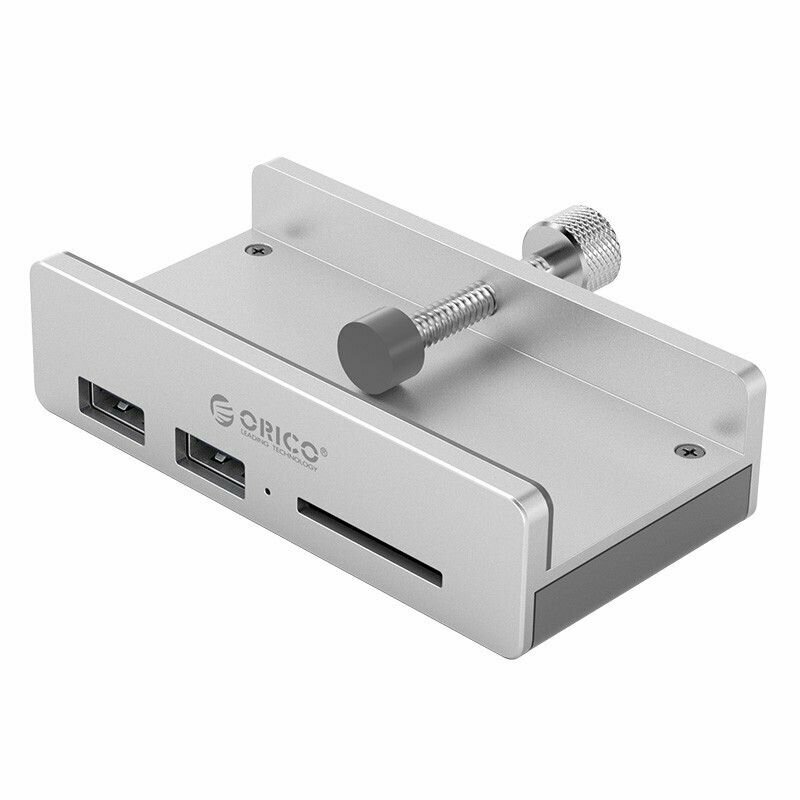 Концентратор USB 3.0 Orico с креплением на зажиме 2*USB-A 3.0, 1*SD, вход USB-A 3.0, серебристый - фото №1