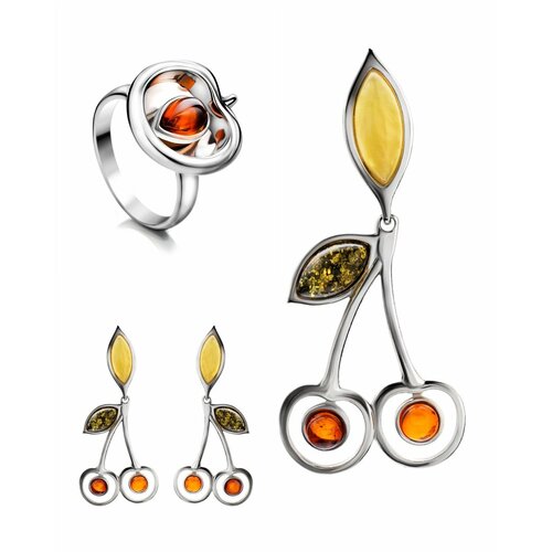 фото Комплект бижутерии: подвеска, серьги, кольцо, янтарь, коричневый amberhandmade