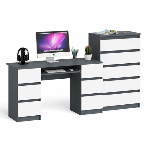 Комод высокий СВК Мори МК700 5-ть ящиков с двухтумбовым компьютерным столом цвет графит/белый, 205,8х50х114 см.
