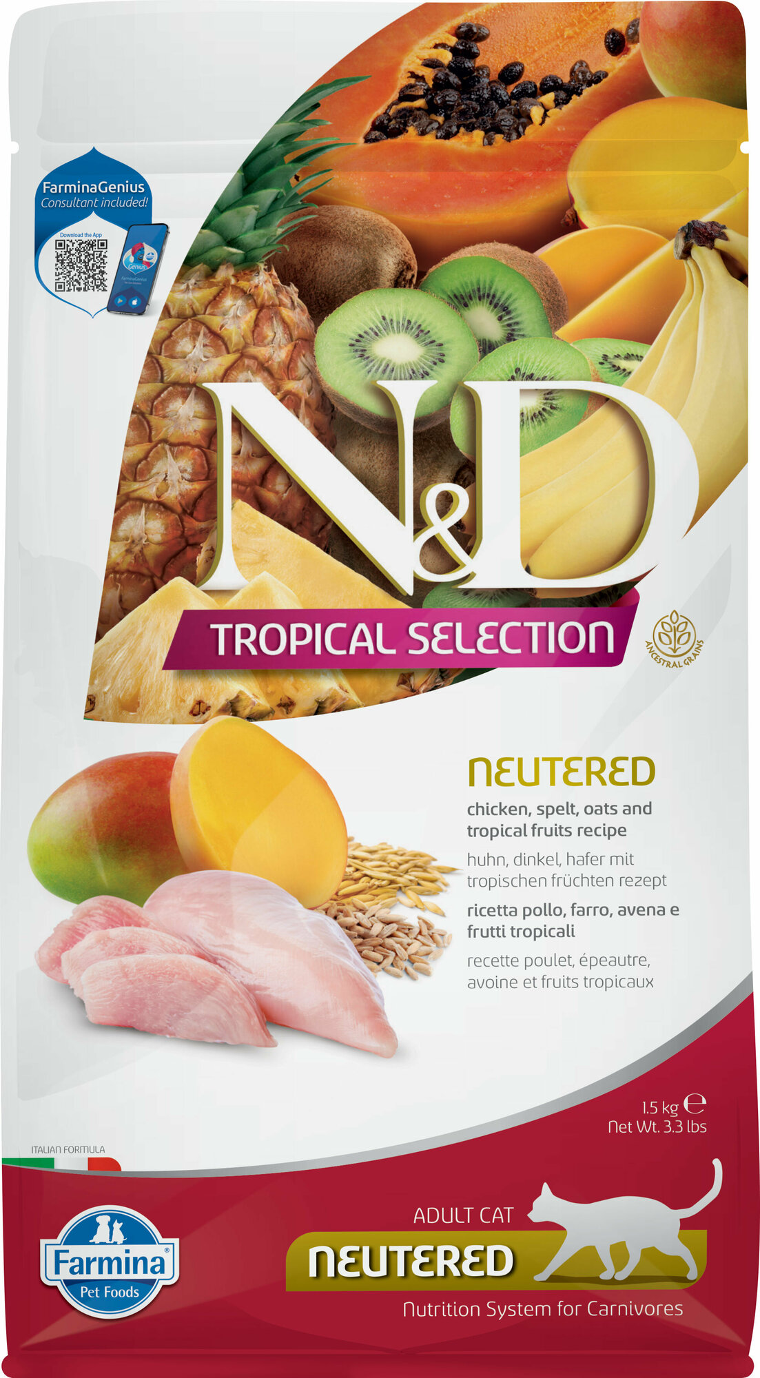 N&D Cat Tropical Selection с курицей спельтой и тропическими фруктами низкозерновой сухой корм для стерилизованных кошек 15кг