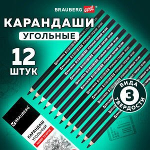 Карандаши (набор 12 штук )угольные BRAUBERG ART CLASSIC, (мягкий, средний, твердый), 181293