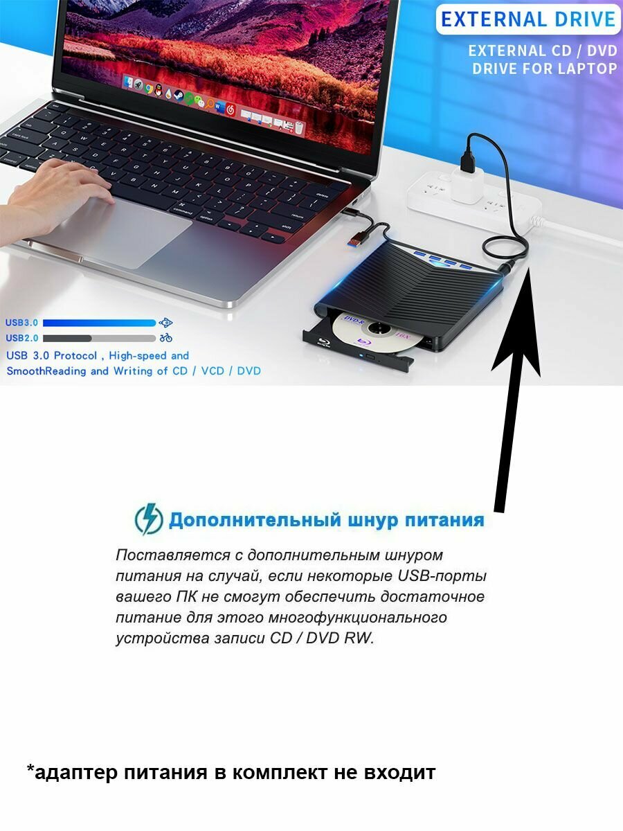 Внешний дисковод для ноутбука компьютера ПК CD DVD оптический привод USB Хаб 7в1