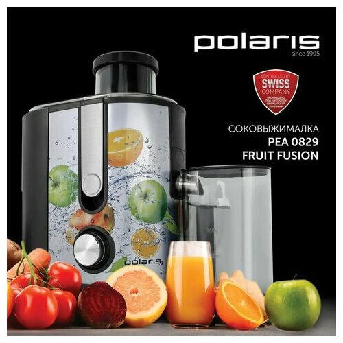 Соковыжималка POLARIS PEA 0829 Fruit Fusion, 800 Вт, стакан 0,35 л, емкость жмыха 1 л, пластик, сталь/черный, 15935 соковыжималка polaris pea 0829