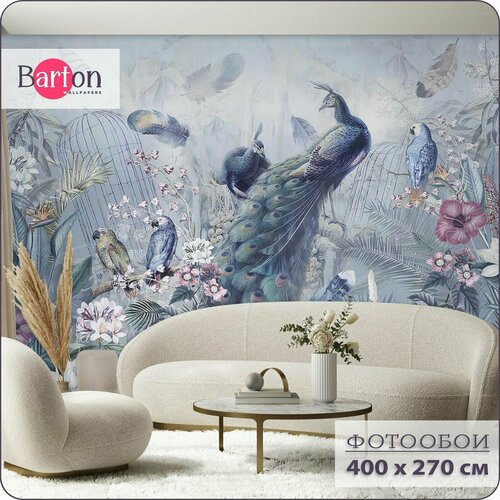Фотообои на стену флизелиновые 3d Цветы Попугаи и Павлины 400х270 см Barton Wallpapers M205