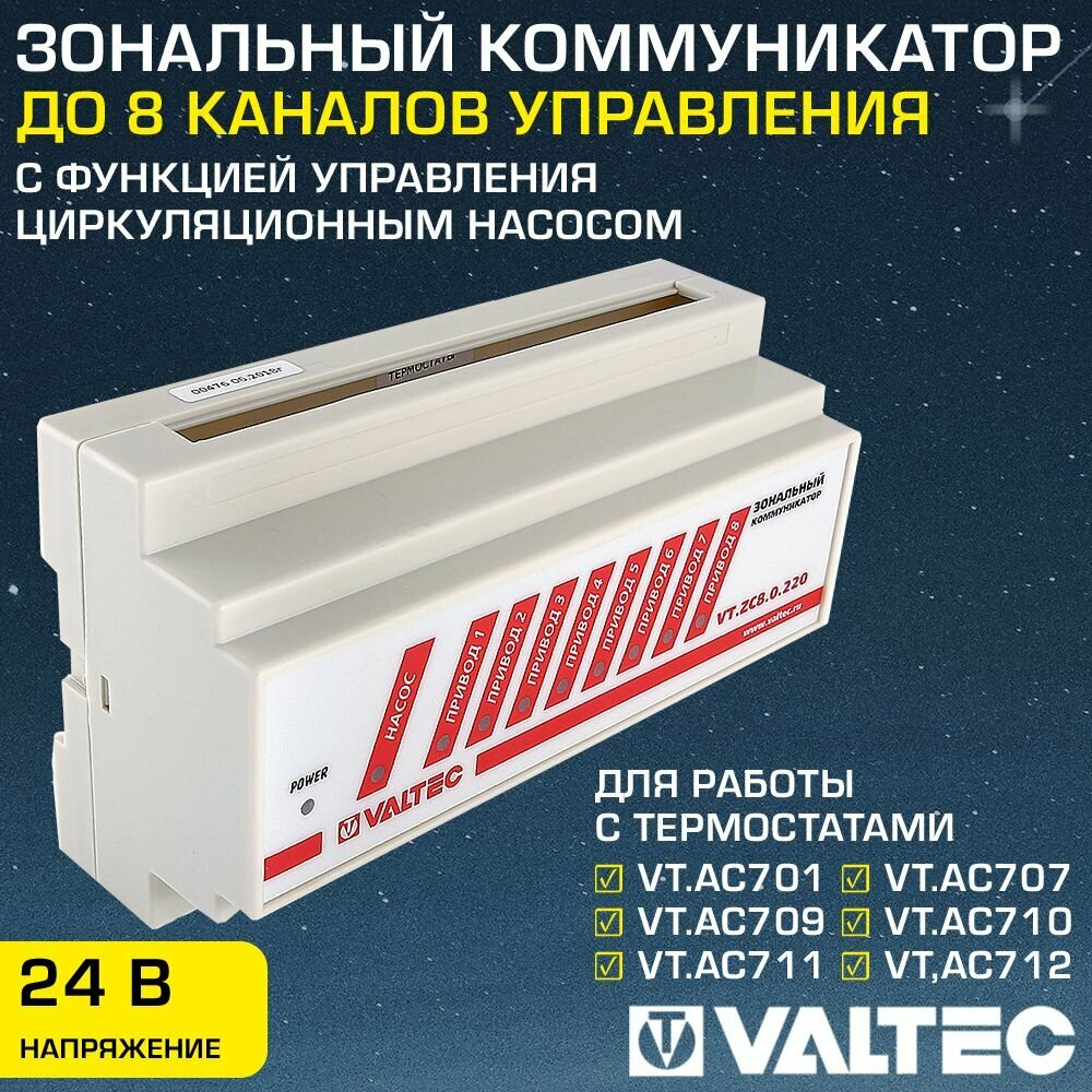 Зональный коммуникатор 8 каналов (сервоприводов) 24В VALTEC / Модуль для управления приводами термостатических клапанов в системе отопления водяного теплого пола арт. VT. ZC8.0.24