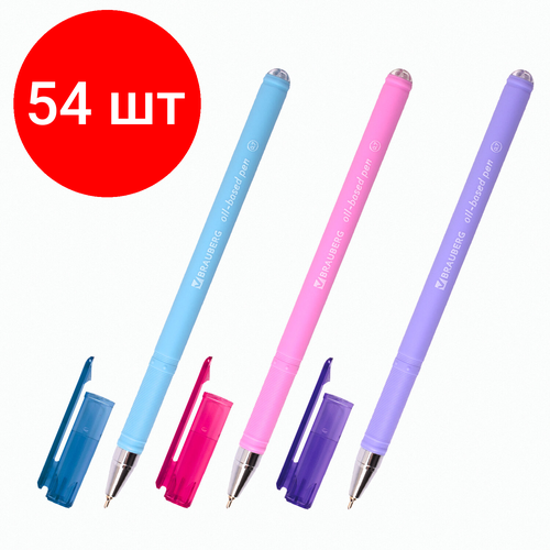 Комплект 54 шт, Ручка шариковая масляная BRAUBERG FRUITY Pastel, синяя, soft-touch, узел 0.7 мм, линия письма 0.35 мм, 142958, OBP322