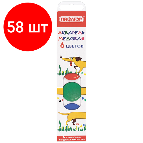 фото Комплект 58 шт, краски акварельные медовые 6 цветов пифагор "веселая такса", 192006