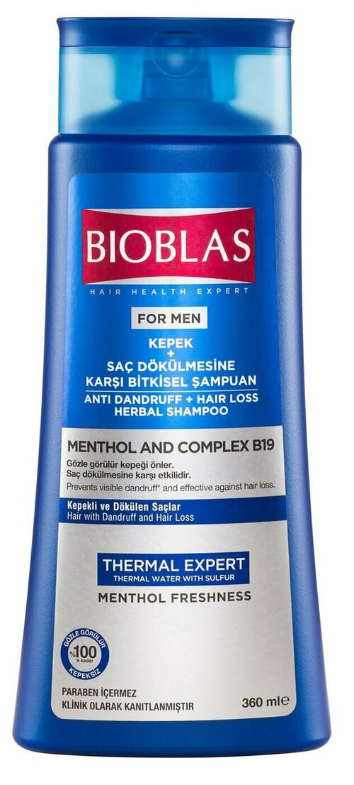 Шампунь против перхоти и выпадения волос с ментолом и комплексом В19 / Bioblas Menthol and Complex B19 Anti Dandruff and Hair Loss Herbal Shampoo