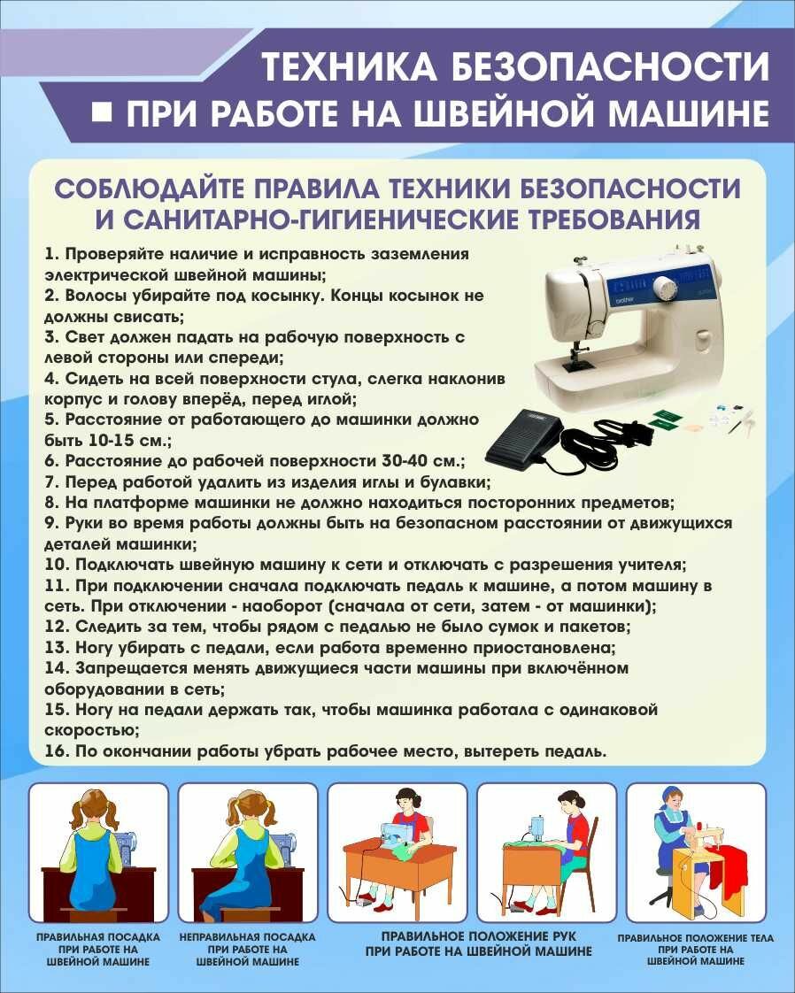 Стенд для кабинета Технологии "Техника безопасности при работе на швейной машине" (Размер средний 800х640см)