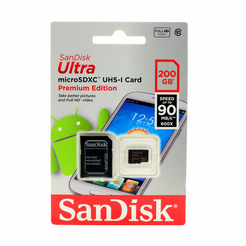 карта памяти sandisk microsdxc 1tb extreme pro sd карта для телефона фотоаппарата флешка 1 тб 3 штуки Карта памяти SanDisk microSDXC 200 ГБ Class 10, UHS-I, R 90 МБ/с, адаптер на SD