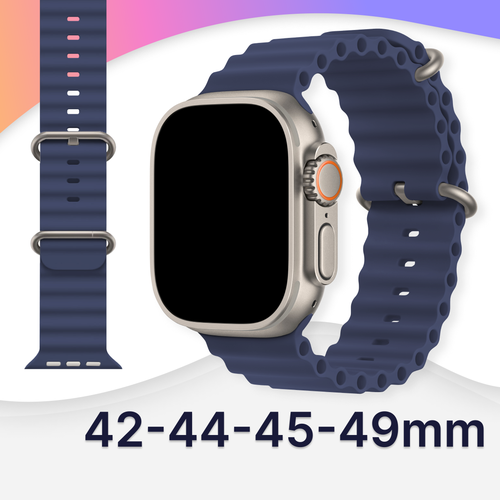 Силиконовый ремешок Ocean Band на смарт часы Apple Watch 1-9, SE, Ultra 42-44-45-49 мм / Браслет для Эпл Вотч 1, 2, 3, 4, 5, 6, 7, 8, 9, СЕ, Ультра / Синий