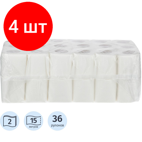 Комплект 4 упаковок, Бумага туалетная 2сл 15м белая 100%целл 30рул/уп