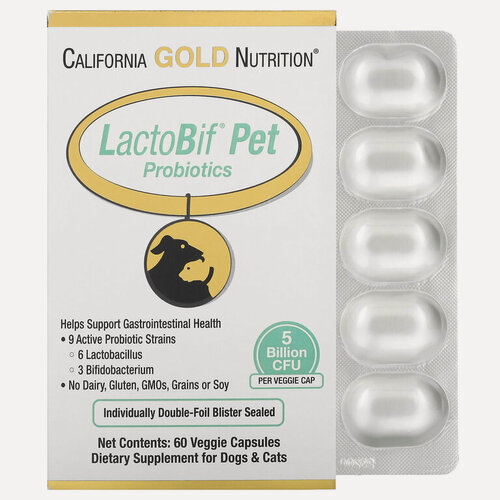 Изображение товара California Gold Nutrition, пробиотики LactoBif Pet, 5 млрд КОЕ, 60 растительных капсул