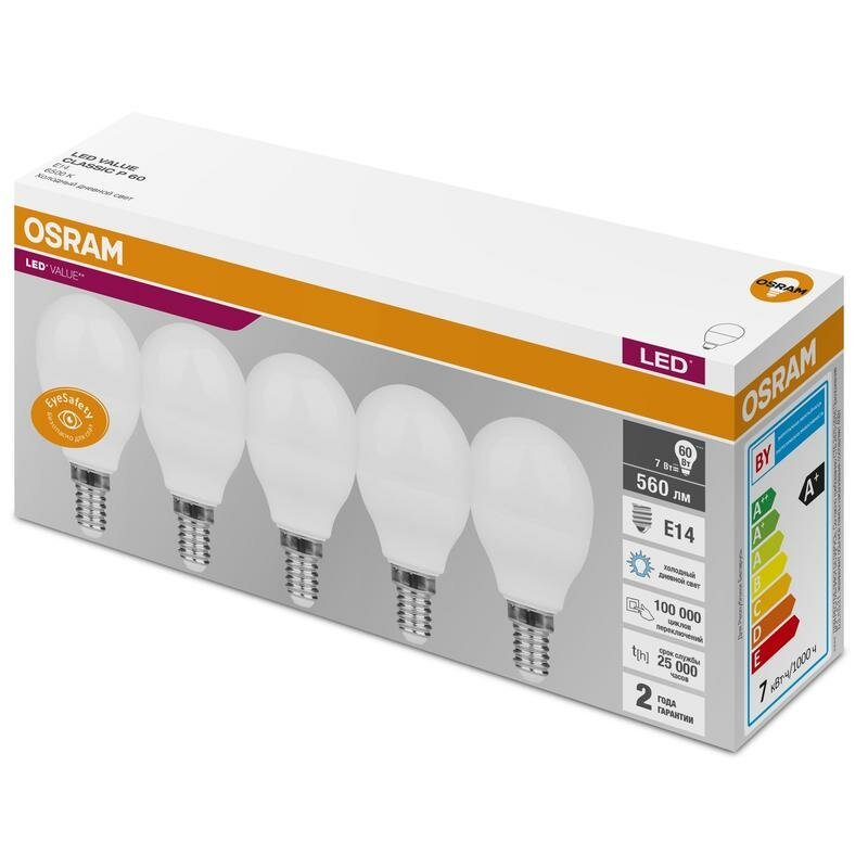 Лампа светодиодная Osram 7 Вт E14 шарообразная 6500 К холодный белый свет (5 штук в упаковке)