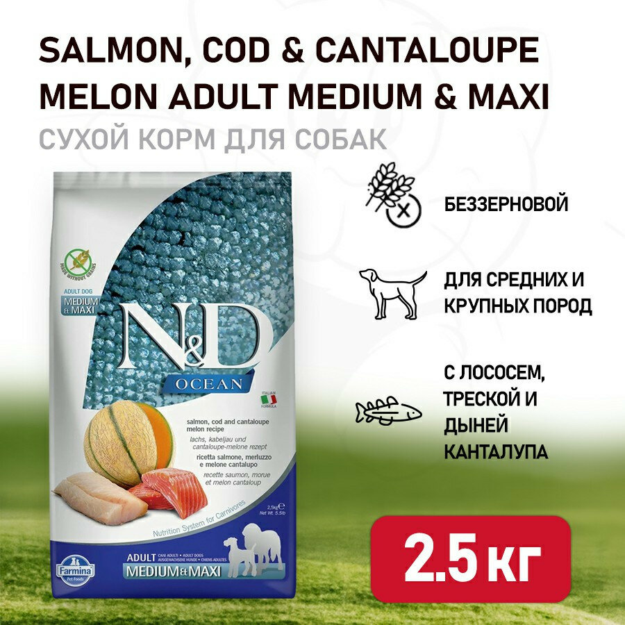 Farmina N&D Ocean Dog Salmon, Codfish & Cantaloupe Melon Adult Medium & Maxi сухой беззерновой корм для взрослых собак средних и крупных пород с лососем, треской и дыней - 2,5 кг