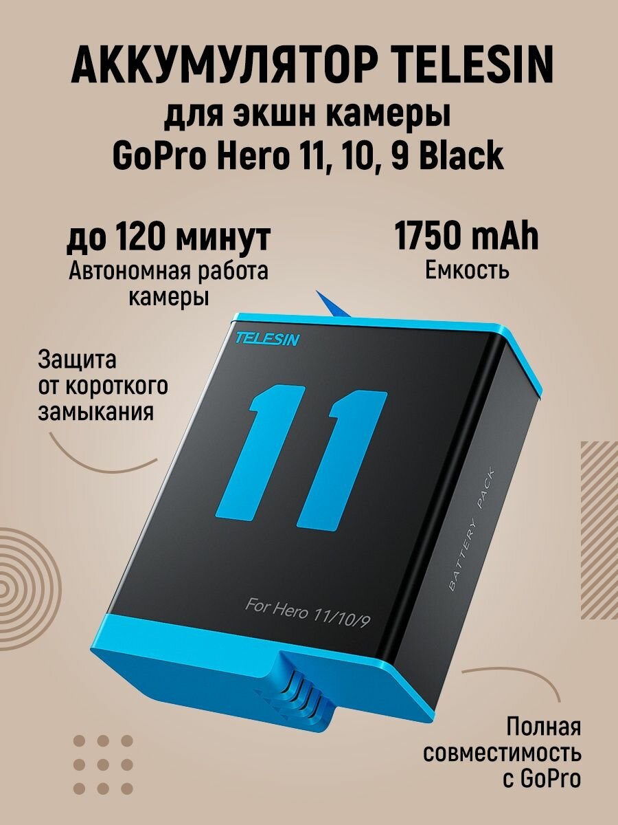 Аккумулятор для экшн камеры GoPro 12, 11, 10, 9