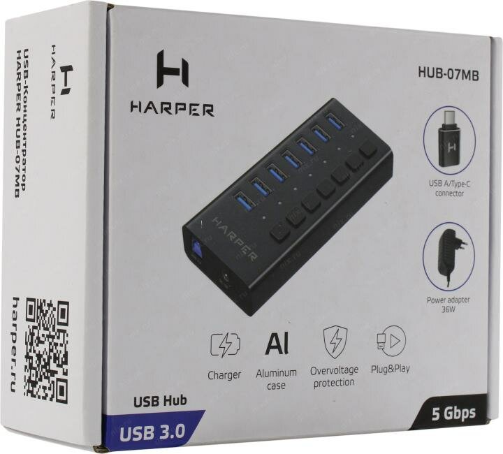 Концентратор Harper 7*USB 3.2, переходник: USB 3.0/Type-C, до 5 Гб/с, алюминий, индик - фото №17