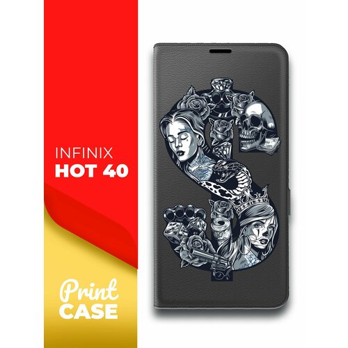 Чехол на Infinix HOT 40 (Инфиникс Хот 40) черный книжка эко-кожа подставка отделением для карт и магнитами Book case, Miuko (принт) Доллар тату чехол на infinix hot 40i инфиникс хот 40ай черный книжка эко кожа подставка отделением для карт и магнитами book case miuko принт доллар тату