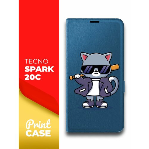 Чехол на Tecno Spark 20C (Техно Спарк 20С) синий книжка эко-кожа подставка отделением для карт и магнитами Book Case, Miuko (принт) Котик с Битой чехол на tecno spark 20c техно спарк 20с зеленый опал книжка эко кожа подставка отделение для карт и магнитами book case miuko принт котик с битой