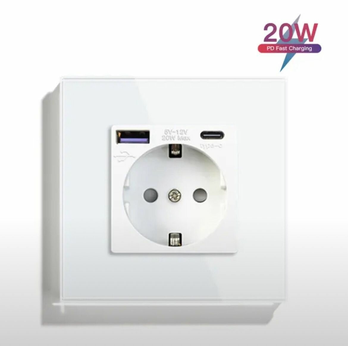 фото Умная розетка двойная с быстрой зарядкой 20w с разъемом USB и Tape-C