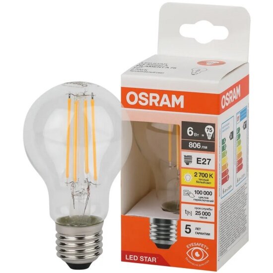 Светодиодная лампа Ledvance-osram Osram LED STAR CL A75 6W/827 230V FIL CL E27 10X1RU