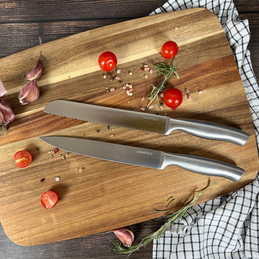 Набор кухонных ножей 2шт (разделочный, для хлеба) HANSFELD Aurora / нож для разделки мяса рыбы / хлебный нож