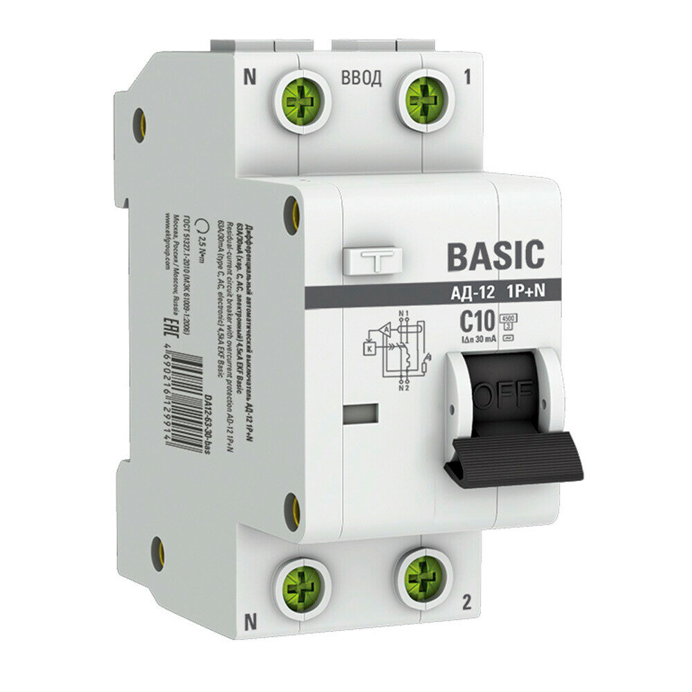 Автомат дифференциальный EKF Basic АД-12 10А 1P+N тип AC 30 мА 45 кА (DA12-10-30-bas)