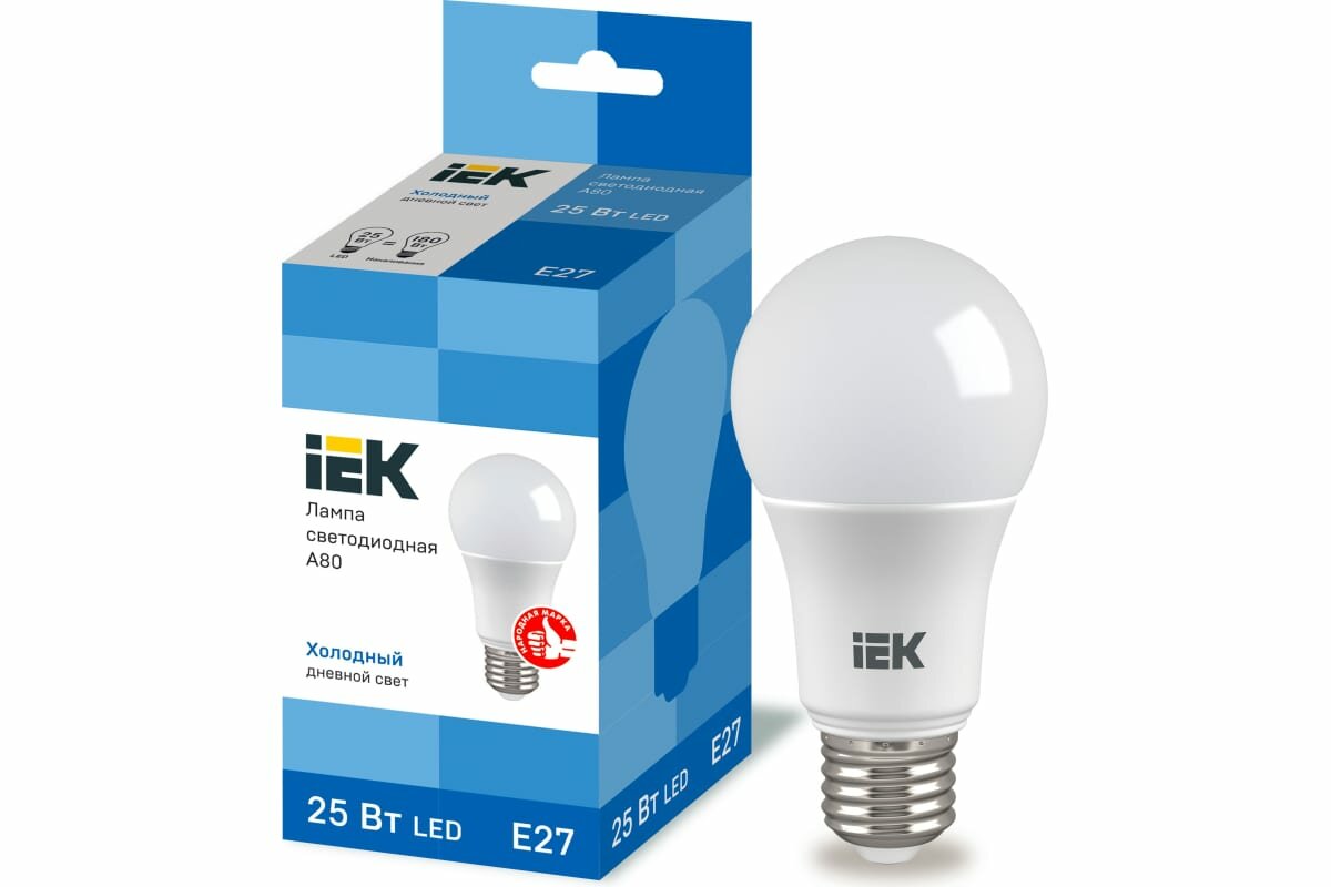 Лампа светодиодная IEK ЛОН A80 E27 25W 2500lm холодный дневной свет 6500К, 004991