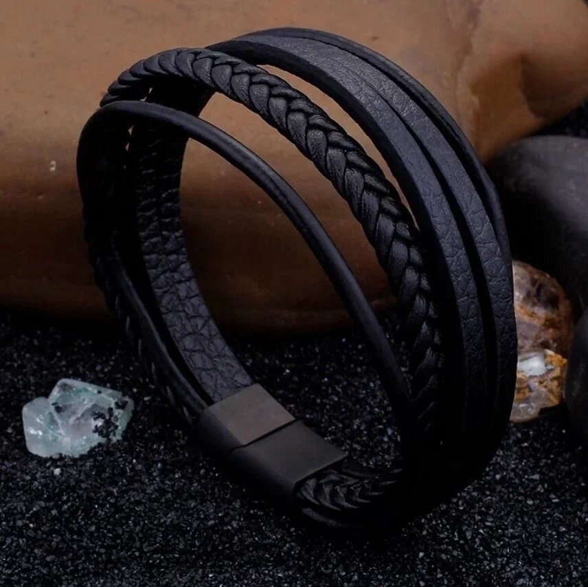 Плетеный браслет кожаный многослойный, размер 21 см, размер one size, черный, магнитный замок