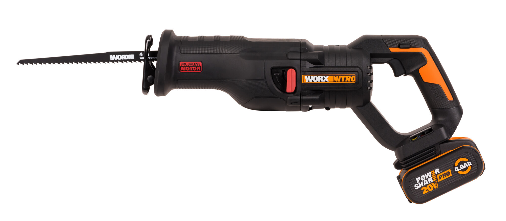 Сабельная пила аккумуляторная бесщеточная WORX WX516, 20В, 4Ач х1, ЗУ 2А.