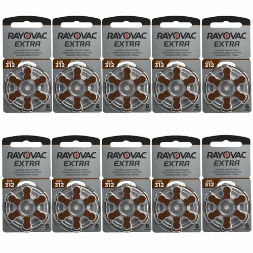 Батарейки для слуховых аппаратов Rayovac Extra 312 / PR41 / V 312 Zinc Air 1.45V, 60 шт батарейки powerone p312 pr41 для слуховых аппаратов 1 блистер 6 батареек