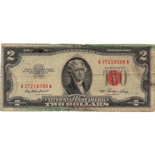 2 доллара 1953 год США 37218588 счастливая банкнота 2 доллара сша unc из банковской пачки из корешка