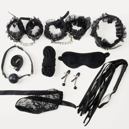 Изображение товара Эротический БДСМ набор с черным кружевом, чёрный, экокожа, 9 предметов