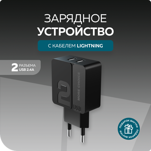 Сетевое зарядное устройство 2USB 2.4A в комплекте с кабелем Apple 8-pin More choice NC46i 1м Black Black