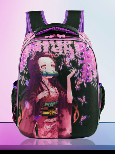 Изображение товара Рюкзак школьный для девочки Незуко Камадо, черный. Грудная стяжка, ортопедическая спинка