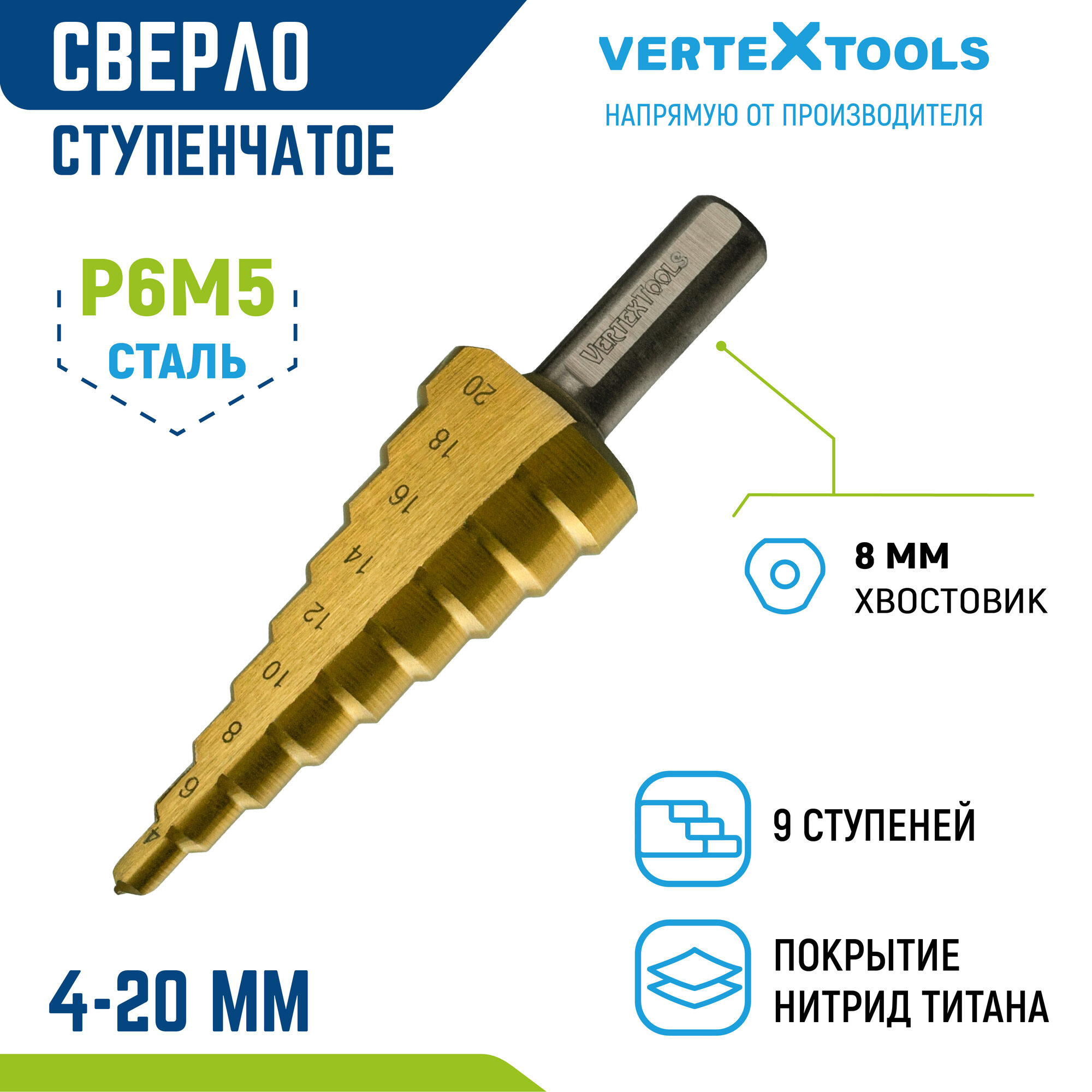 Сверло ступенчатое 4-20 мм; шаг 2 мм Vertextools из стали Р6М5