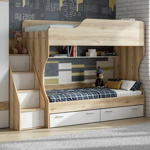 Двухъярусная кровать Геометрия-2 от Астрид-Мебель с лестницей и ящиками два спальных места 180х80 см Дуб деланоБелый 26020₽