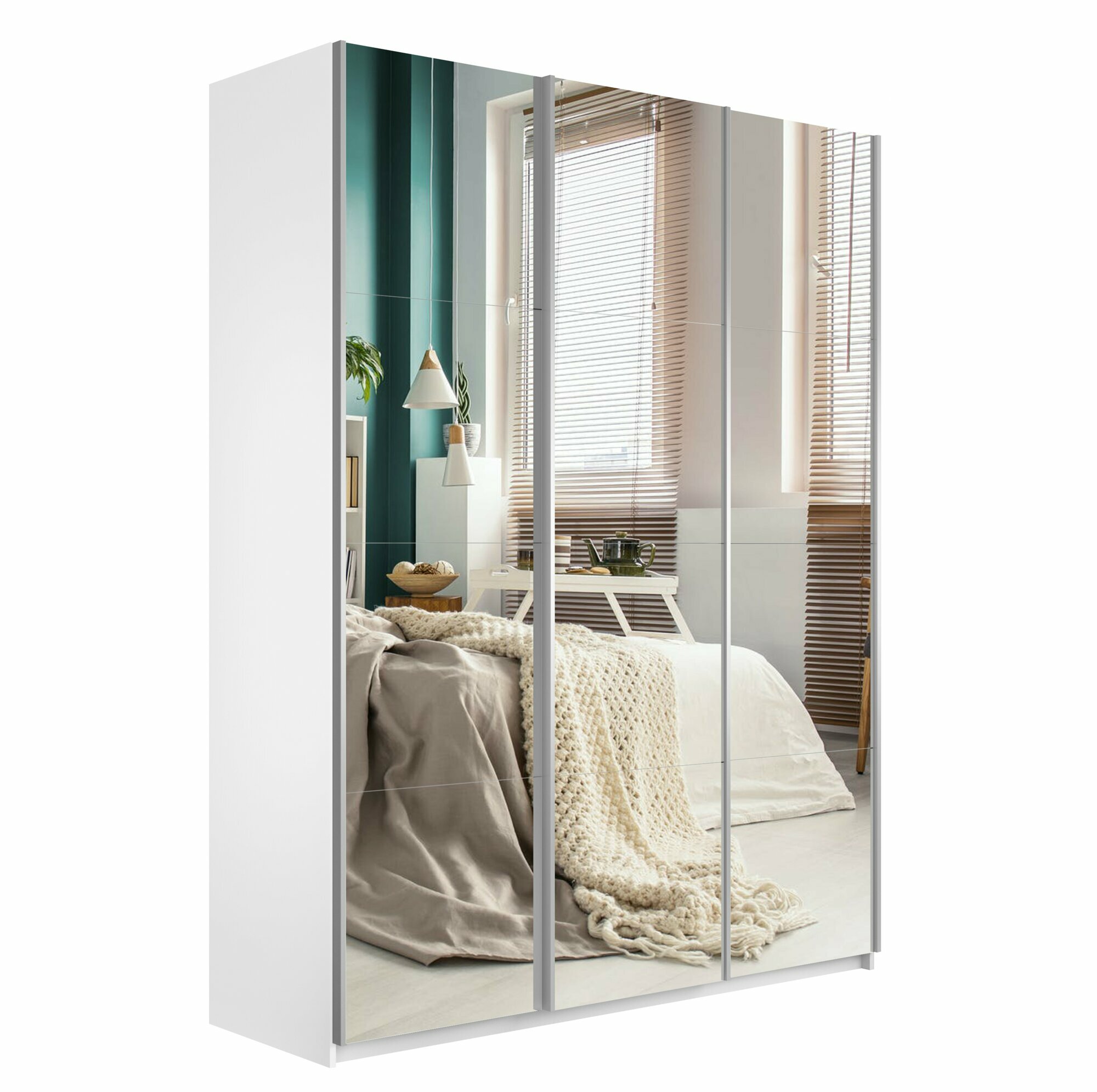 фото Шкаф купе для одежды с доводчиком и выдвижными ящиками, цвет Белый, 230х180х57 (ВхШхГ), три двери, Зеркало/Зеркало/Зеркало