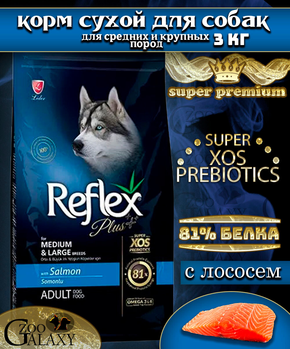 REFLEX PLUS Сухой корм для собак средних и крупных пород с лососем 3 кг