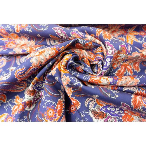 Хлопок стрейч синий с красными букетами