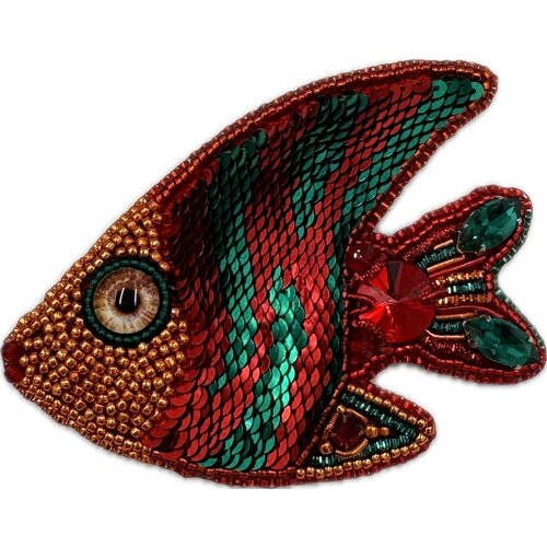 винтажная женская брошь в виде рыбки Брошь Королевство Птички & Бабочки, зеленый, красный